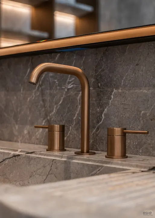 Unlacquered bronze faucet set into honed stone