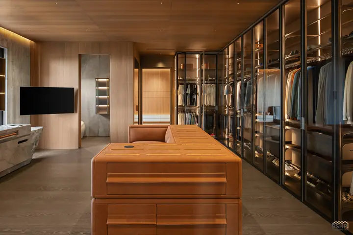 Dressing suite with a saddle-leather island and backlit wardrobes