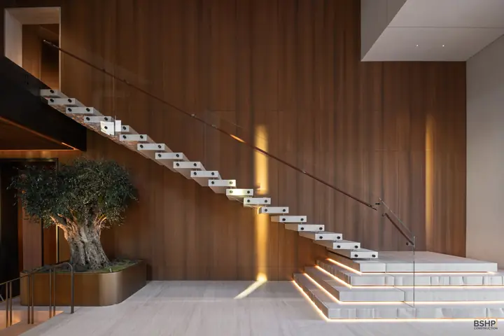 Floating stone staircase rising past an olive tree in the entry