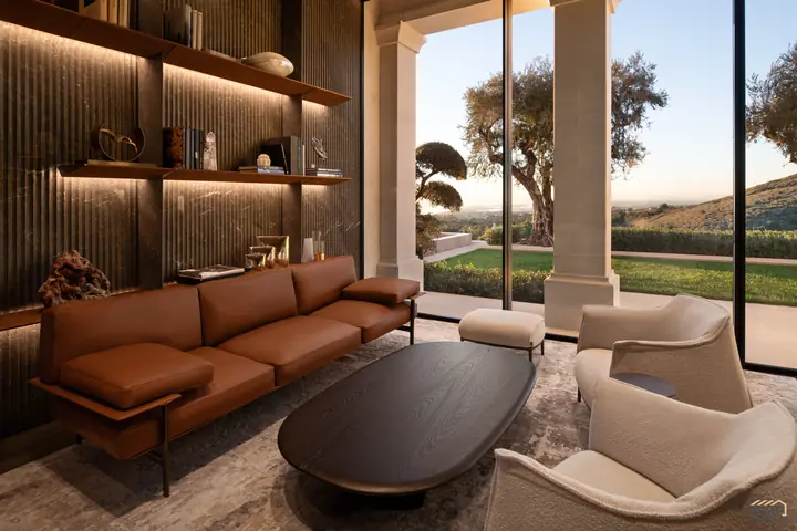 Cognac leather sofa in the home office with the colonnade beyond