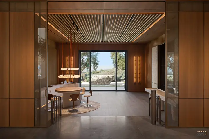 Study with slatted timber ceiling, bronze-framed glass screens and an alabaster ring chandelier